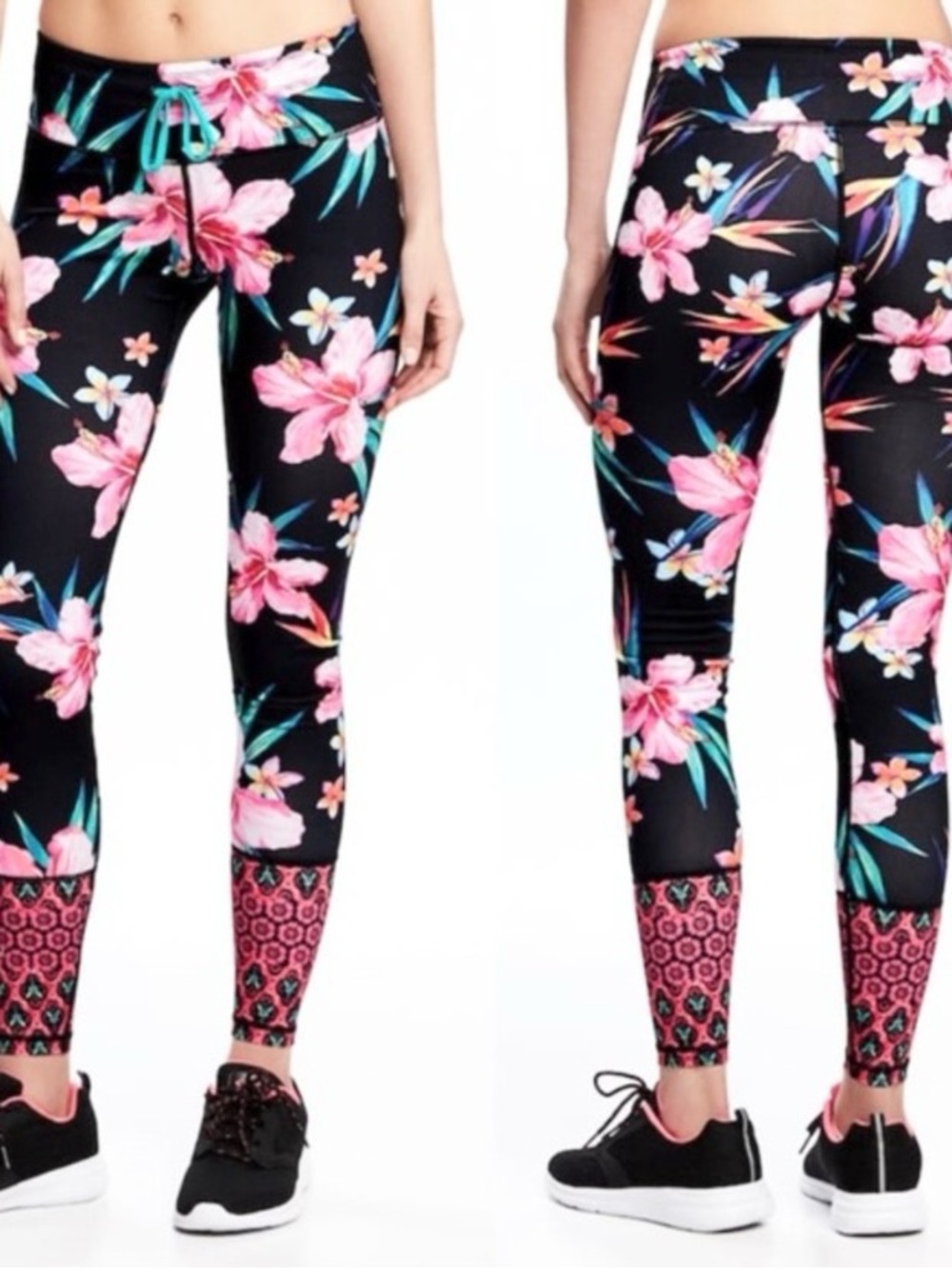 Old Navy Tropical Print Athletic Leggings XS Black Drawstring Hawaiian Floral